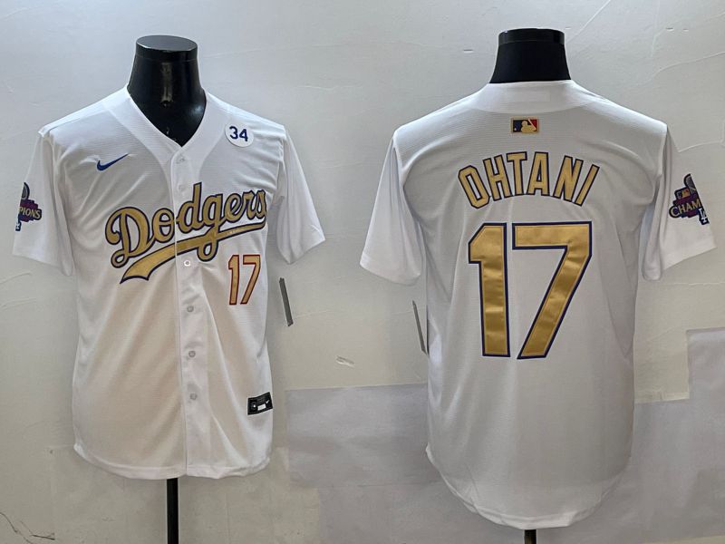Men Los Angeles Dodgers #17 Ohtani White Champion gold character 2025 Nike MLB Jersey style 4